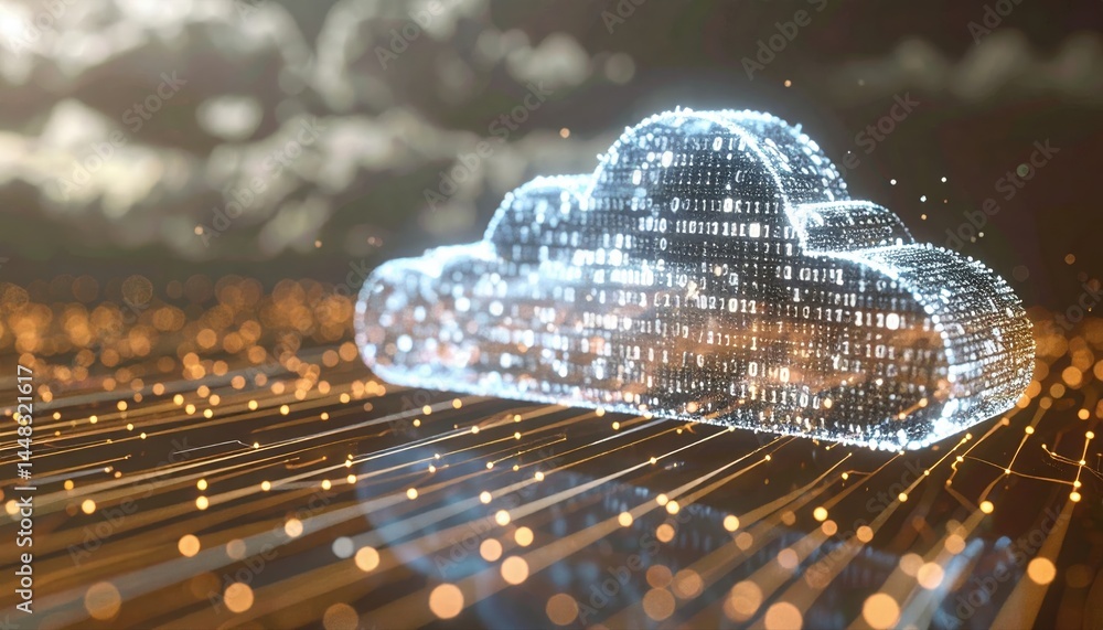 Poster digital cloud technology concept with glowing binary data cloud and network lines representing cloud
