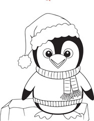 one funny penguin with a Santa Claus hat. The penguin is wearing and white striped scarf. The background is white