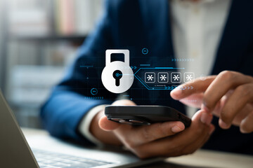 Businessman using smartphone to encrypt data and strengthen cybersecurity, Protecting personal and corporate information against hackers. Data privacy, Safe internet technology practices..