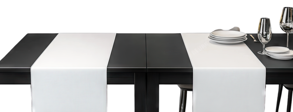 Elegant dining setup with a black table featuring white runners. polished glassware. and stacked plates. set against a minimalist background. perfect for event planning or restaurant decor