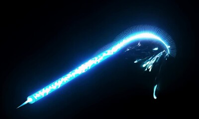 Glowing blue energy beam cutting through a dark background, suggesting motion and power