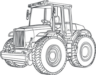 Black and white line drawing of a tractor used in farming and agriculture with large tires and a cabin.
