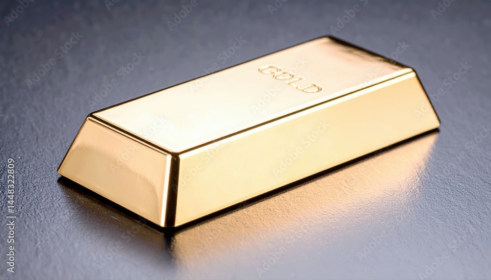 Poster close-up of a shiny gold bar on a smooth dark surface showing reflections and detailed metallic text
