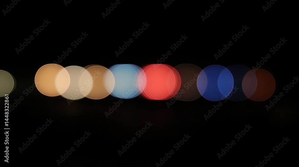 Poster circular lights in a blurry array shine with warmth against the black background night