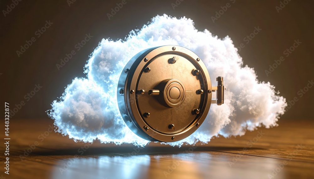 Poster secure vault safe door with locking mechanism surrounded by clouds representing security and protect