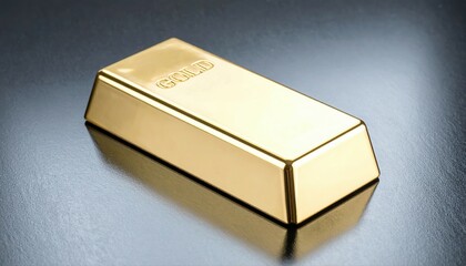 Close-up of a shiny gold ingot bar with embossed on dark reflective surface symbolizing wealth and luxury investment or gold trading asset