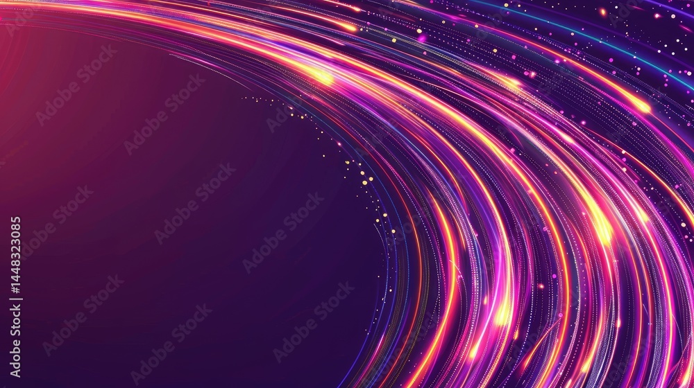 Poster a vibrant, abstract background with flowing lines and glowing particles in a purple gradient.
