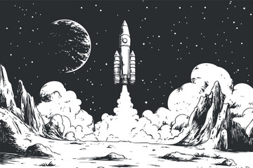 Black and white illustration of a rocket launching into space from a mountainous lunar landscape under a starry sky. © vadymstock