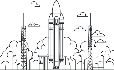 Line art illustration of a rocket on a launchpad surrounded by towers and clouds ready for takeoff © vadymstock