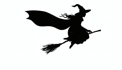 Obraz premium Witch Flying on a Broom Silhouette Against an Isolated White Background