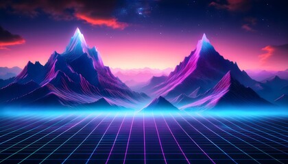 Neon mountains with grid landscape under a colorful sky at nighttime