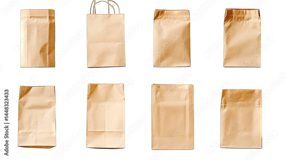 Poster a collection of various brown paper bags displayed in a grid format. showcasing different sizes and 