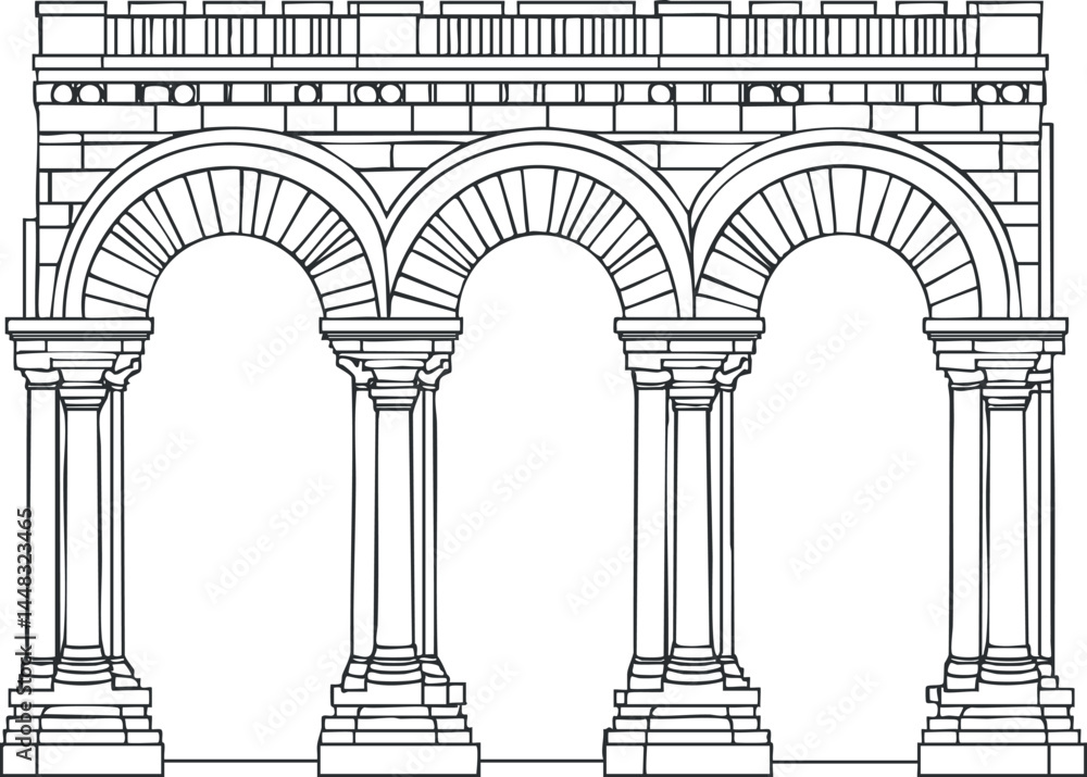 Poster black and white outline drawing of a classical architectural structure with three arches supported b