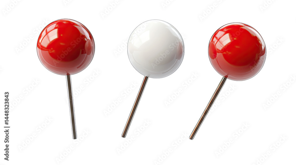 Poster three vibrant lollipops. two red and one white. arranged in a row on a clean surface. highlighting t