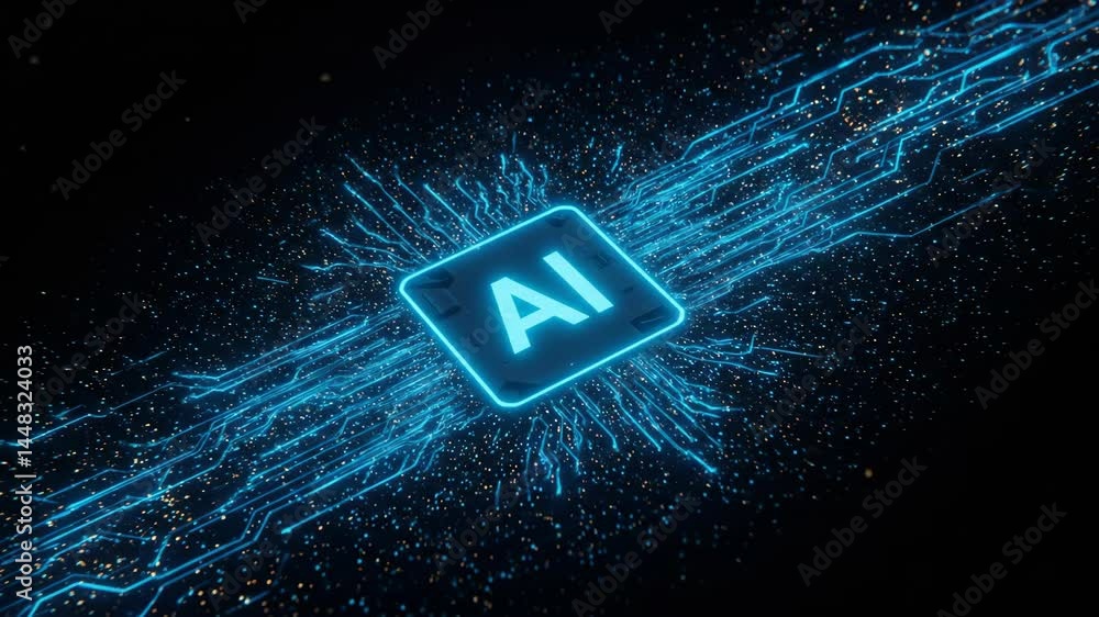 Poster artificial intelligence chip glowing with flowing data