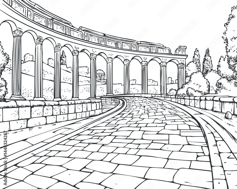 Aufkleber black and white drawing of an ancient stone pathway with curved rows of columns and arches surrounde