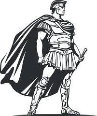 Illustration of a strong ancient Roman soldier wearing armor, helmet, and cape holding a sword.