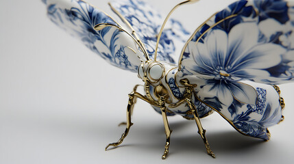 Macro art photography capturing a surreal butterfly sculpture. The body is meticulously crafted from fine porcelain