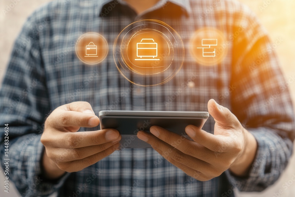 Poster person using a tablet with digital icons representing productivity tools and technology