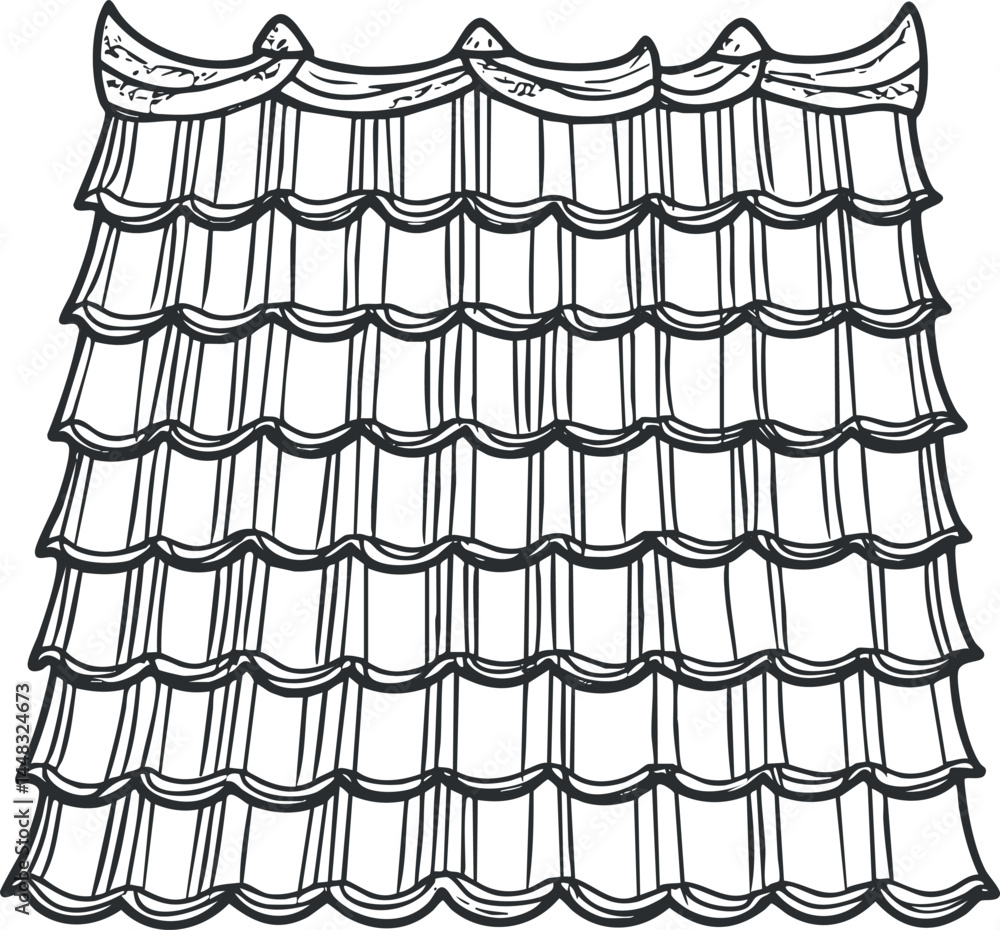 Aufkleber black and white line drawing of a tiled roof showing curved overlapping roof tiles in a repeating pa