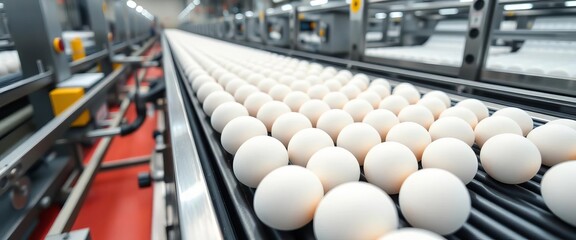 Obraz premium Clean white eggs precisely aligned on a fast-moving conveyor belt in a modern food processing plant, distribution, conveyor belt
