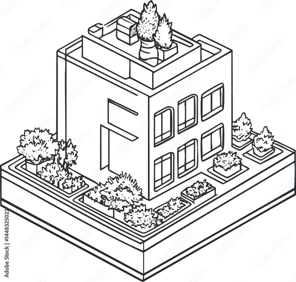 Poster isometric black and white line drawing of a modern building surrounded by trees and plants on a land