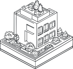 Isometric black and white line drawing of a modern building surrounded by trees and plants on a landscaped plot