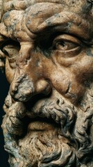 Ancient bust of philosopher showcasing intricate details of facial features and craftsmanship from an unknown period