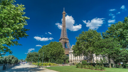 Eiffel Tower from Siene river waterfront in Paris timelapse hyperlapse, France