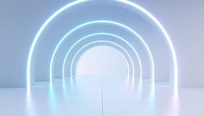 Futuristic white tunnel with neon blue lights minimalist architecture