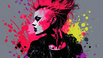 Fototapeta premium Stunning, full-colour, sRGB, rich, expensive & immaculately finessed paint-splatter production of a dramatic iconic snarling punk girl