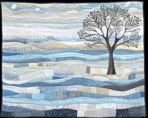 A serene, quilted landscape depicts a lonely tree standing amidst a vast, undulating field of pale blues and grays, reminiscent of a tranquil winter scene, with subtle textures and muted tones