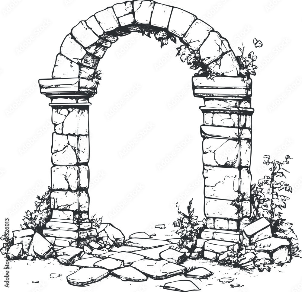Aufkleber black and white illustration of an ancient stone archway with vines and broken stones around it, sho