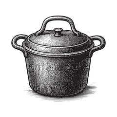 cast iron Dutch oven woodcut engraving vector illustration