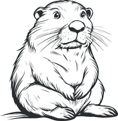 Black and white line art illustration of a cute rodent animal sitting and looking forward.
