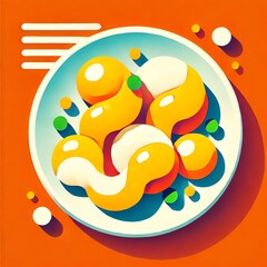 A bold and colorful flat graphic illustration of scrambled eggs on a bright orange background