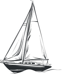 Black and white line drawing of a sailboat with sails raised on calm water