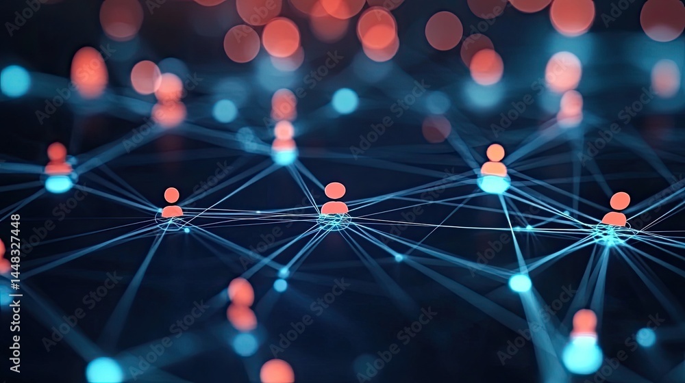 Poster connected stylized figures illuminate a network, symbolizing global digital interaction on a dark ba