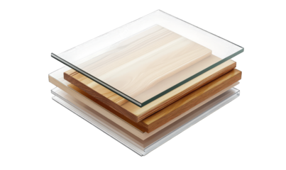 A modern display of layered wooden and glass materials showcasing craftsmanship. ideal for interior design inspiration or product presentations in a minimalistic setting