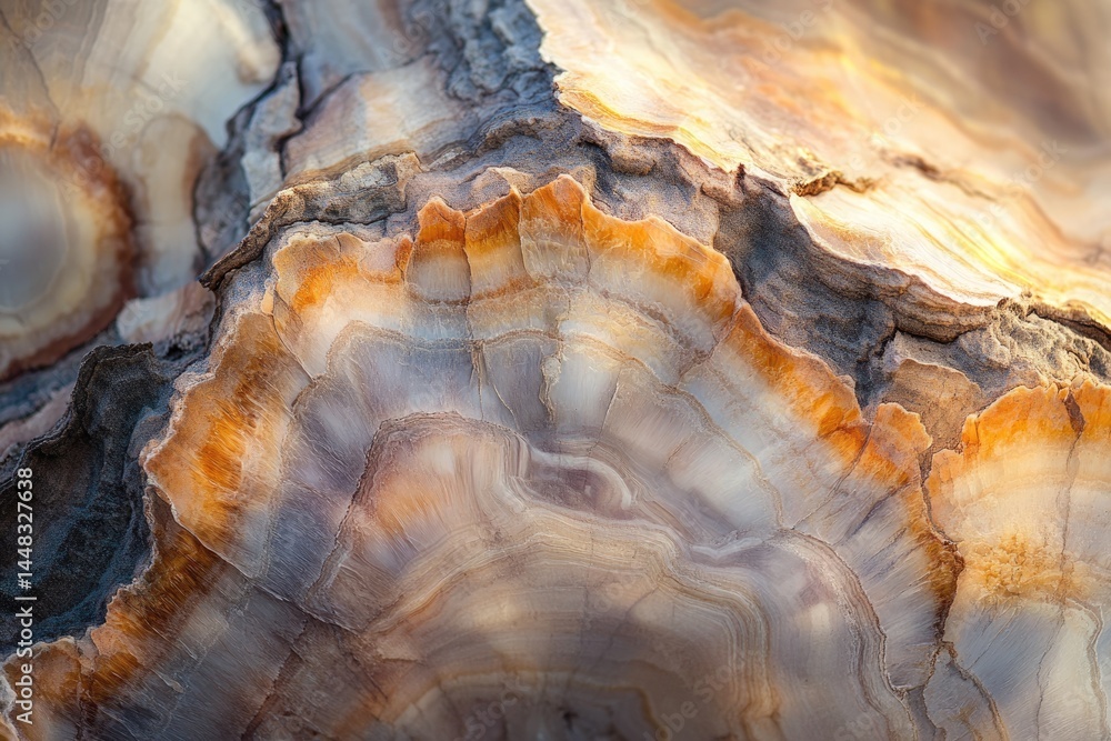 Poster a close-up shot of a captivating agate geode featuring layers of white, orange, and gray, showcasing