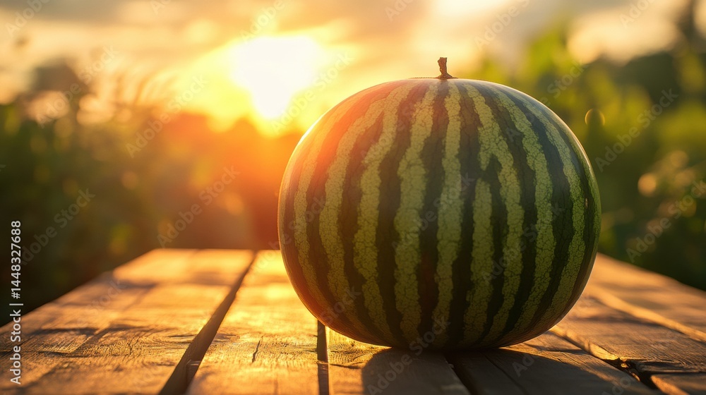 Poster bright watermelon resting on a wooden table with sunset glow in the background creating a summer amb