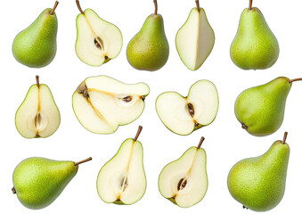 A vibrant assortment of fresh green pears. both whole and sliced. showcasing their juicy interior and seeds. arranged artistically against a clean background. perfect for culinary or health-related us