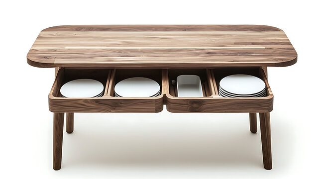 A wooden table with three drawers and plates in them
