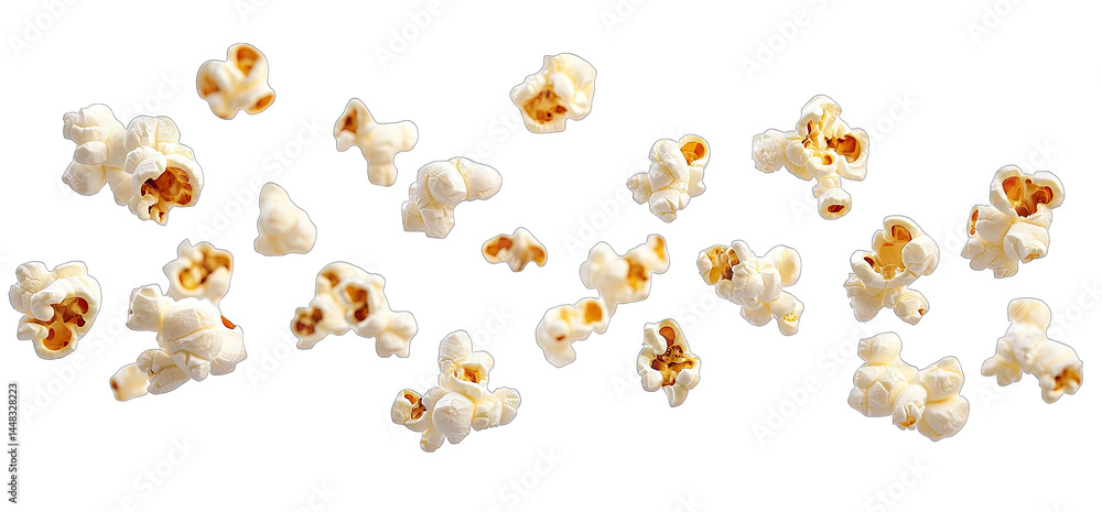 Poster A dynamic scattering of freshly popped popcorn kernels on a transparent background. showcasing their fluffy texture and buttery color. ideal for food-related content and snack themes