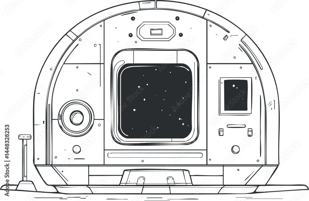 Poster black and white illustration of a space station module with a window showing outer space stars