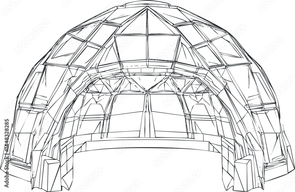 Poster wireframe 3d model of a geodesic dome structure showcasing architectural and engineering design