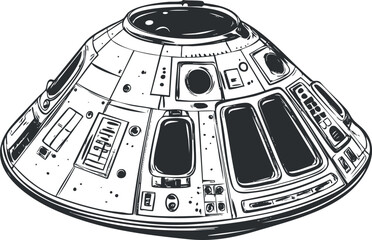 Black and white illustration of a spacecraft capsule used for space travel and exploration missions in outer space.