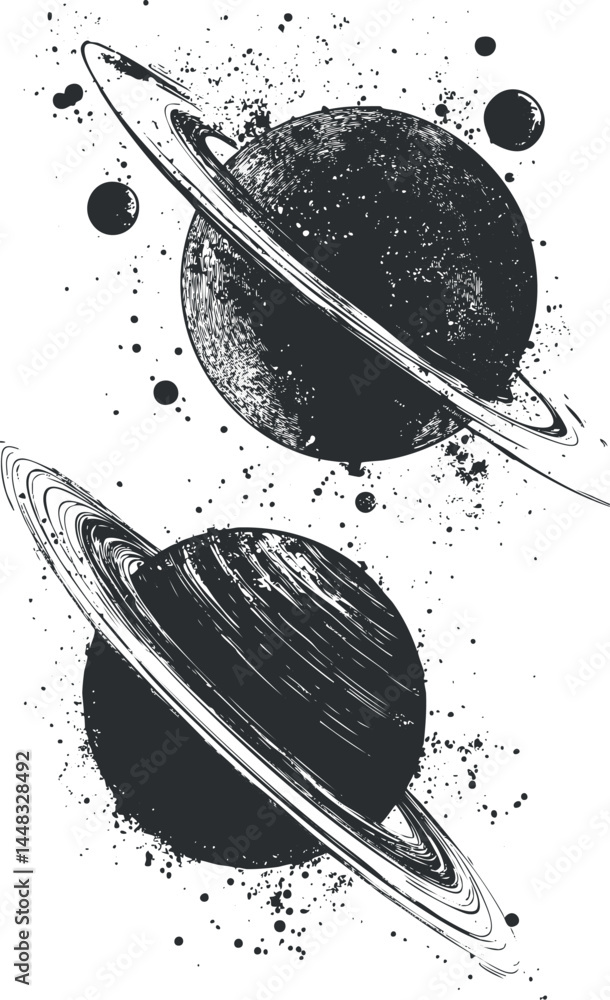 Poster black and white illustration of two ringed planets in space with textured splashes and celestial ele