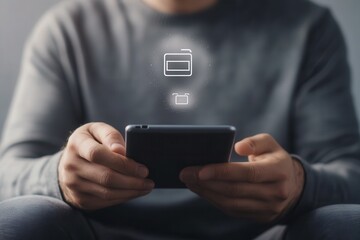 Person using smartphone to access digital wallet features in a modern, minimalistic setting