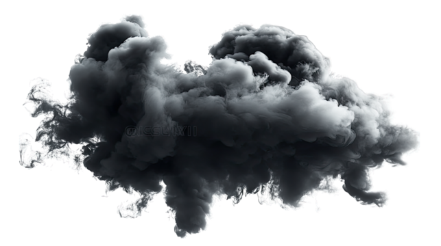 A dense. swirling cloud of dark smoke billowing against a transparent background. creating a dramatic and atmospheric effect. ideal for use in design projects or visual storytelling